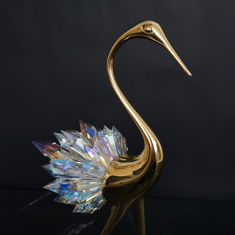 Gold Crane Bird Statues with Crystal Tail