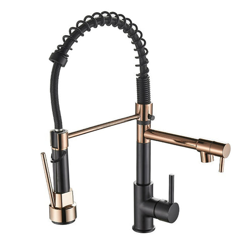 Black and rose gold kitchen faucet on a white background