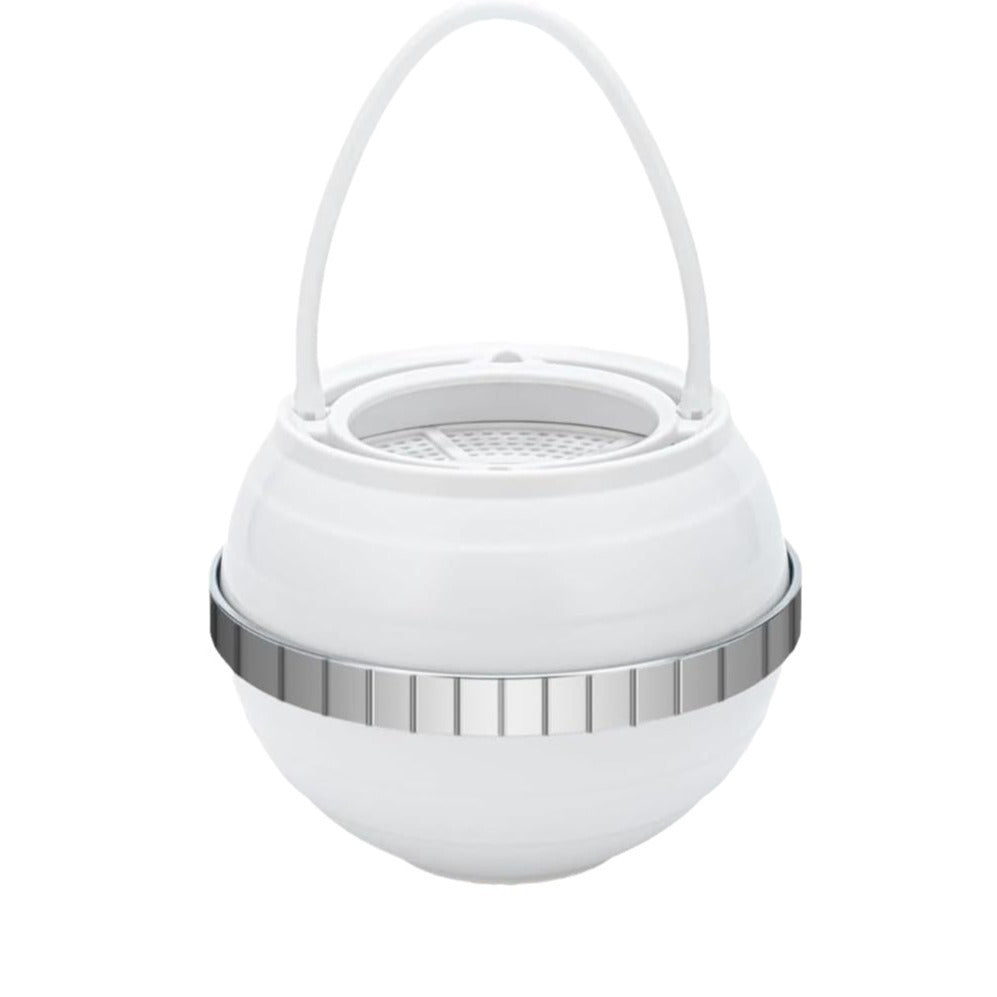 White spherical lantern with silver rim on a white background