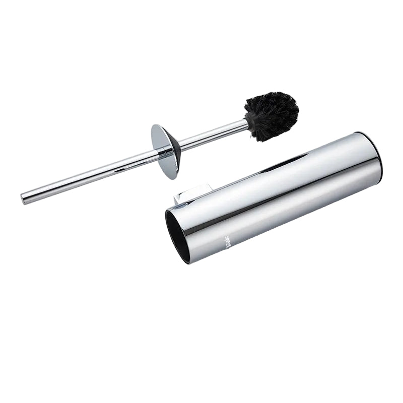 Chrome-plated metal cleaning brush with black bristle head on a white background